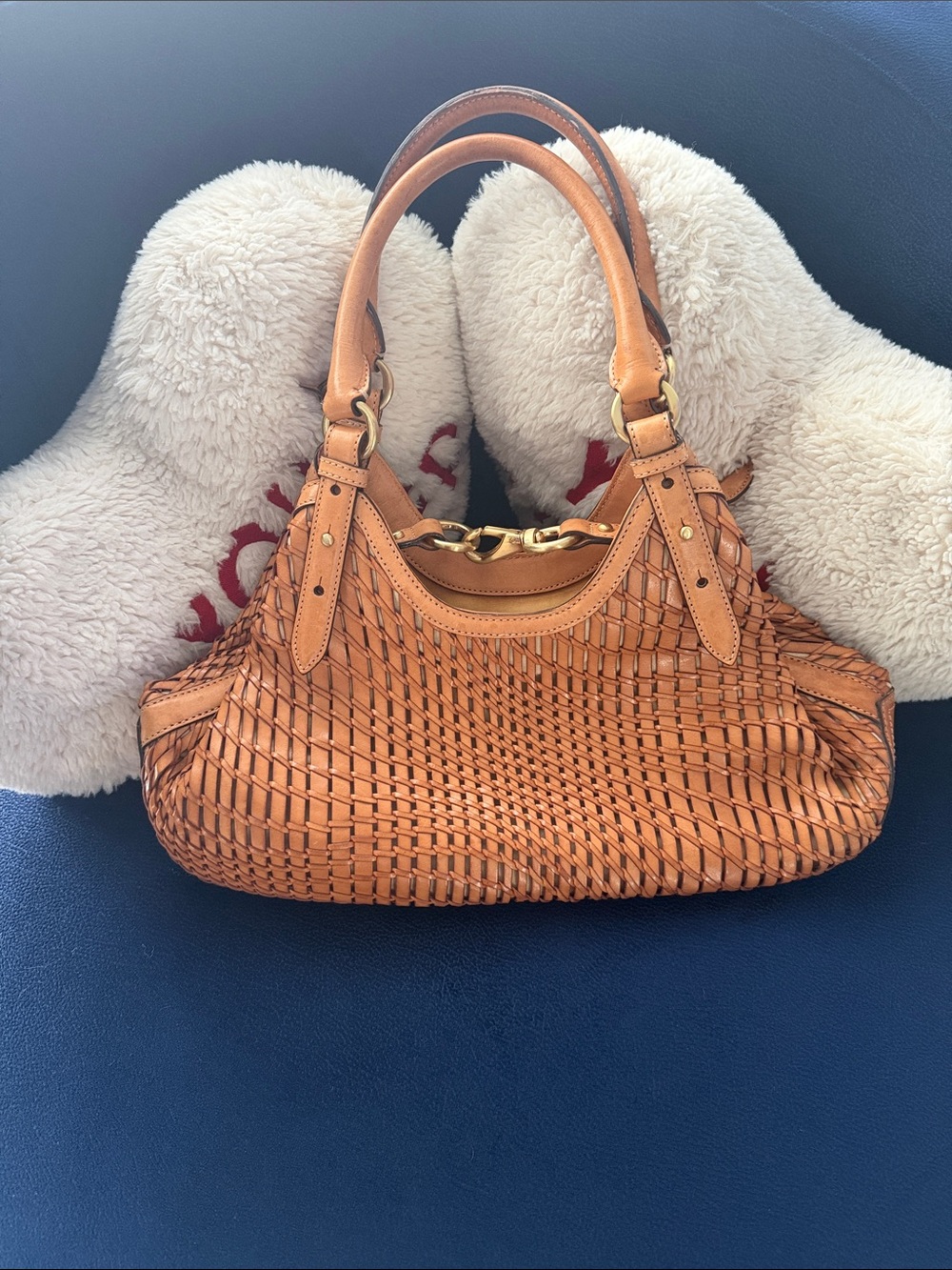 Cole Haan Woven Tan Leather Shoulder Bag with Gold-Tone Chain